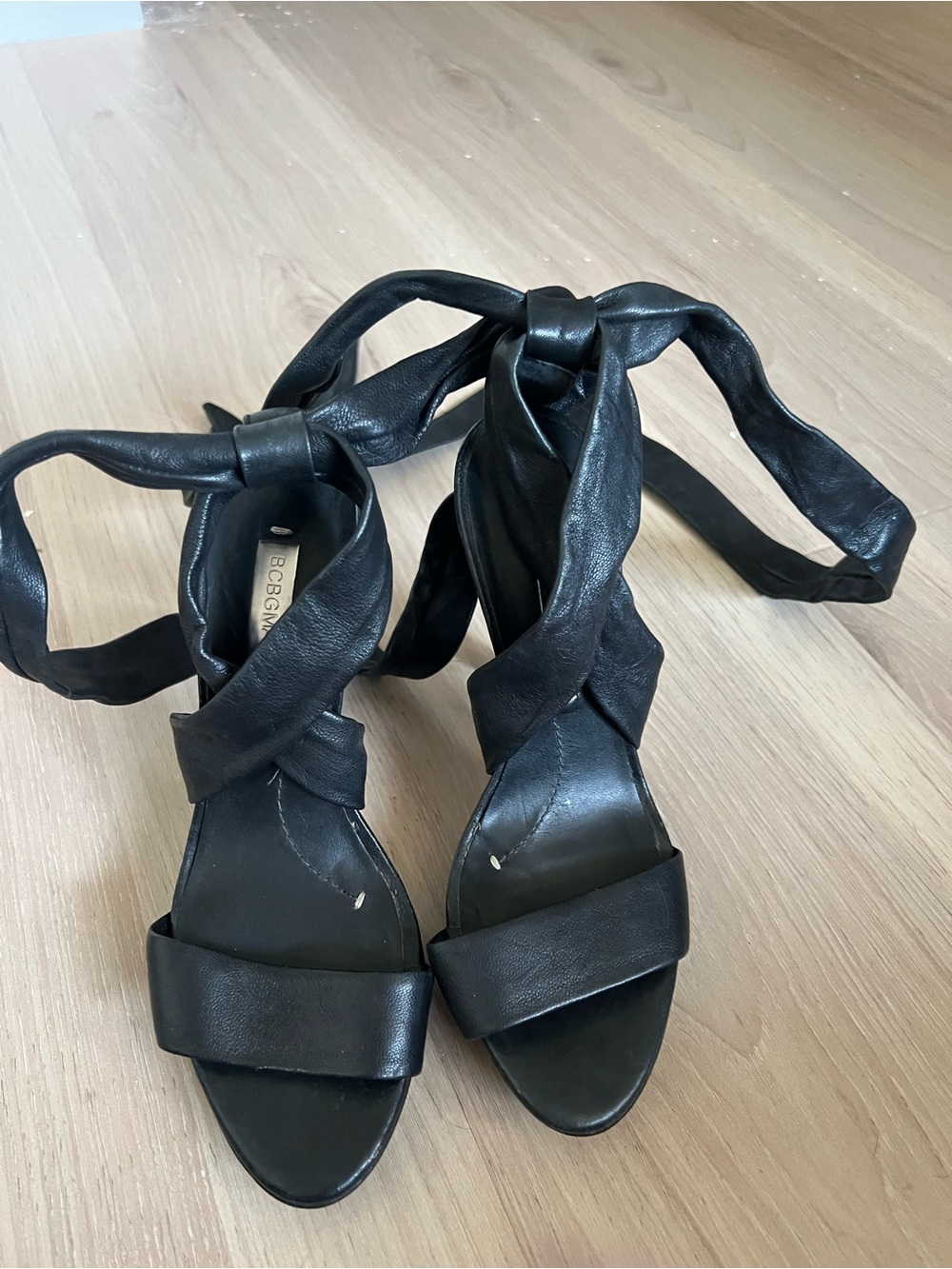 BCBG Black Leather Wrap Tie Heeled Sandals